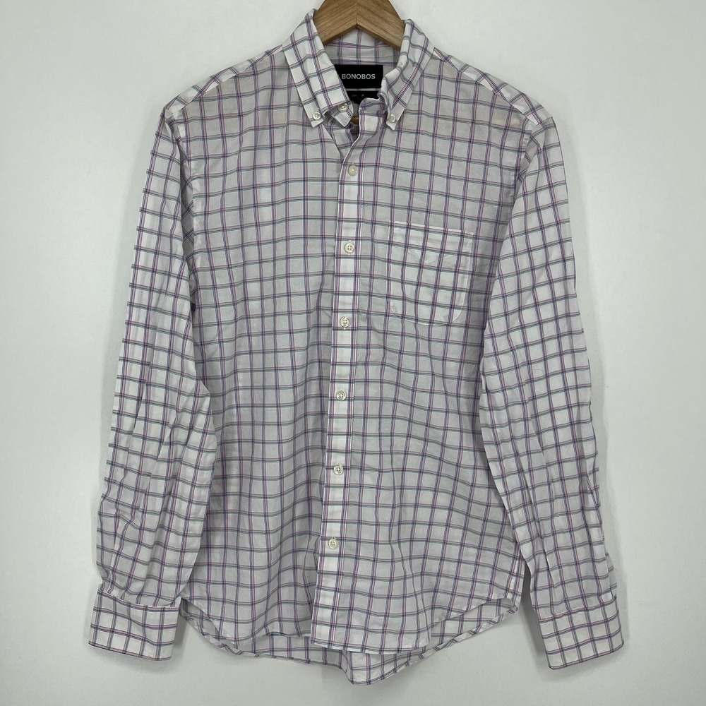 Bonobos Mens Standard Fit Plaid‎ Button Down Shirt White Purple Green Small